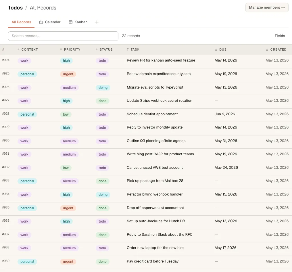 Screenshot of the ~/todos collection in Hutch